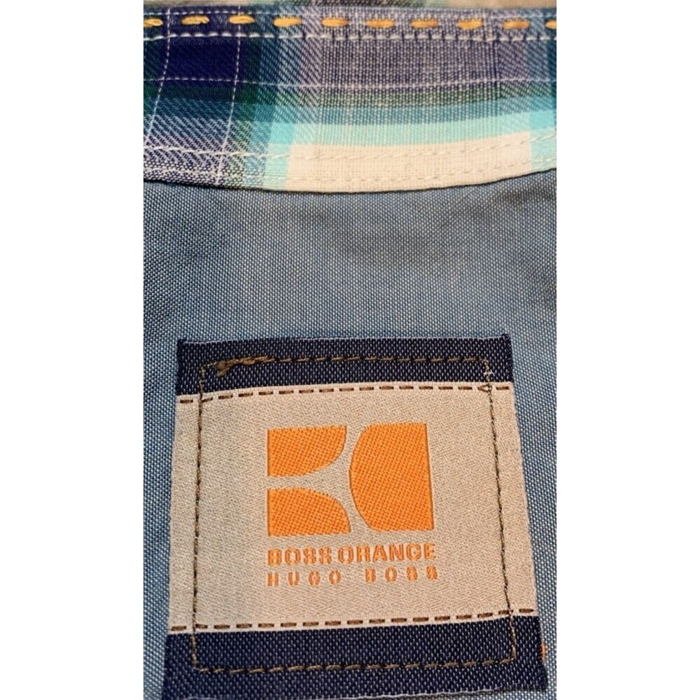 Boss Orange Hugo Boss Turn Back Cuffs S Blue/White Plaid Cotton Linen Blend - Picture 5 of 16